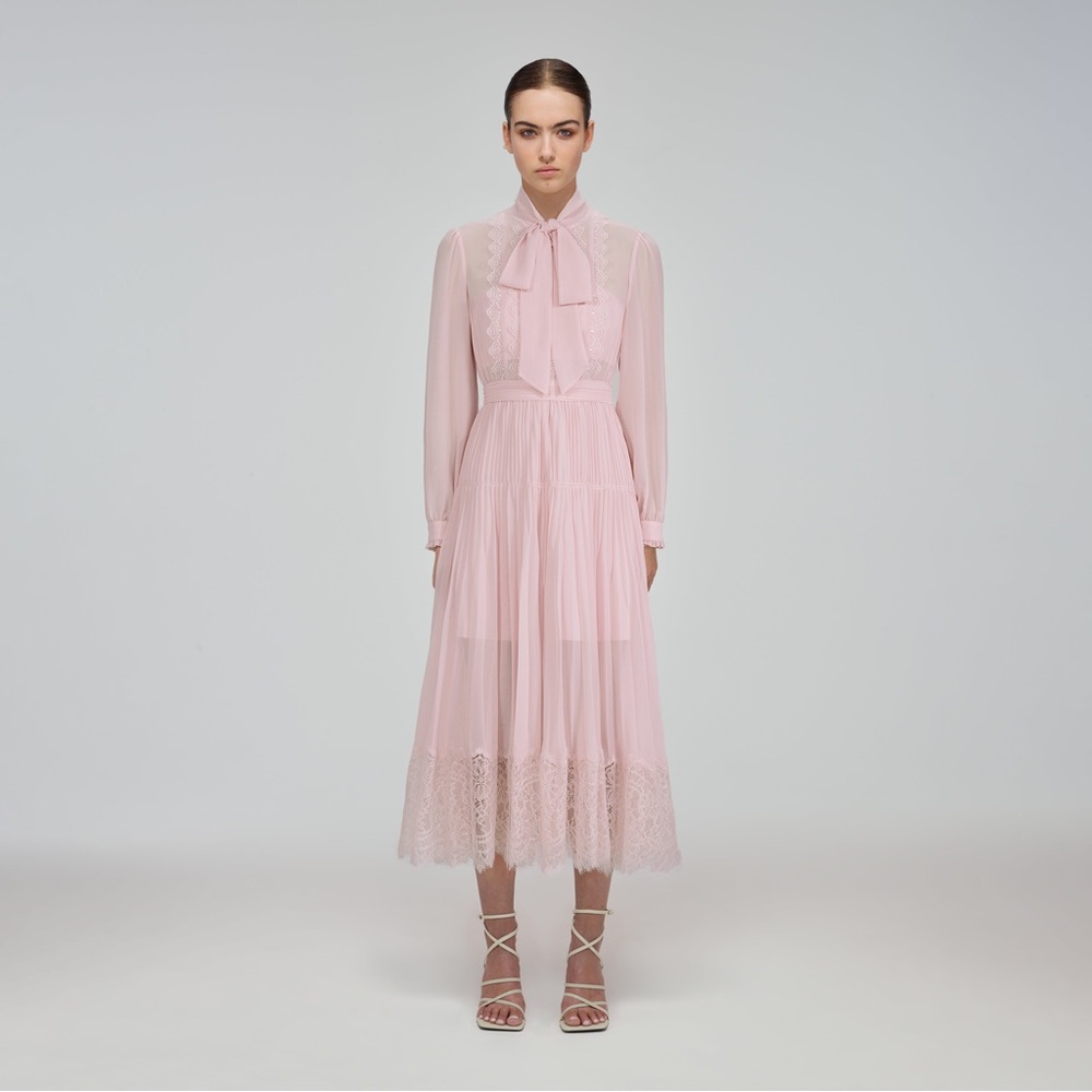 Self portrait pale pink chiffon trimmed lace midi long sleeve dress - Picture 2 of 9